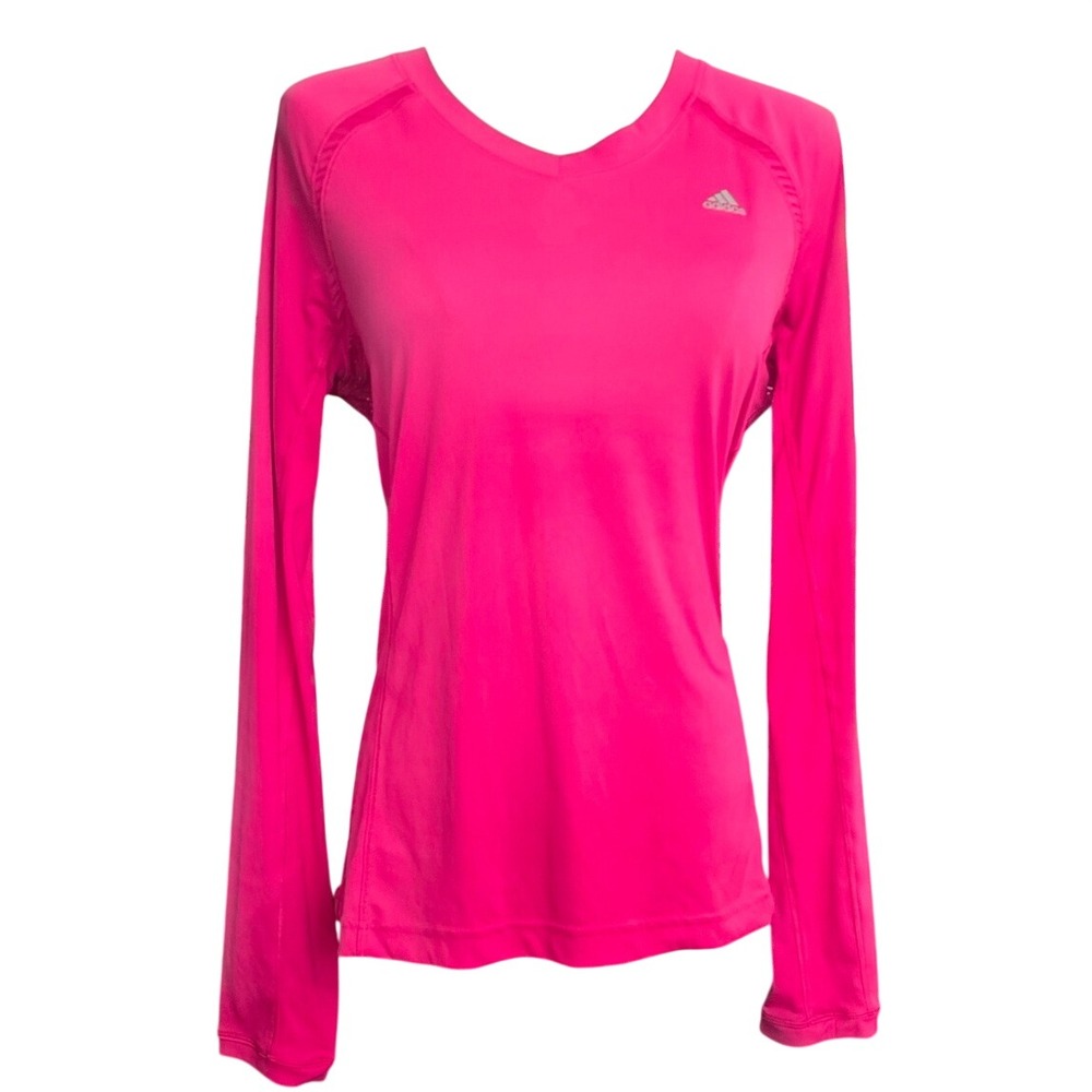 M Adidas Climacool Womens V-Neck Long Sleeve Activewear Top Hot Pink Mesh Back